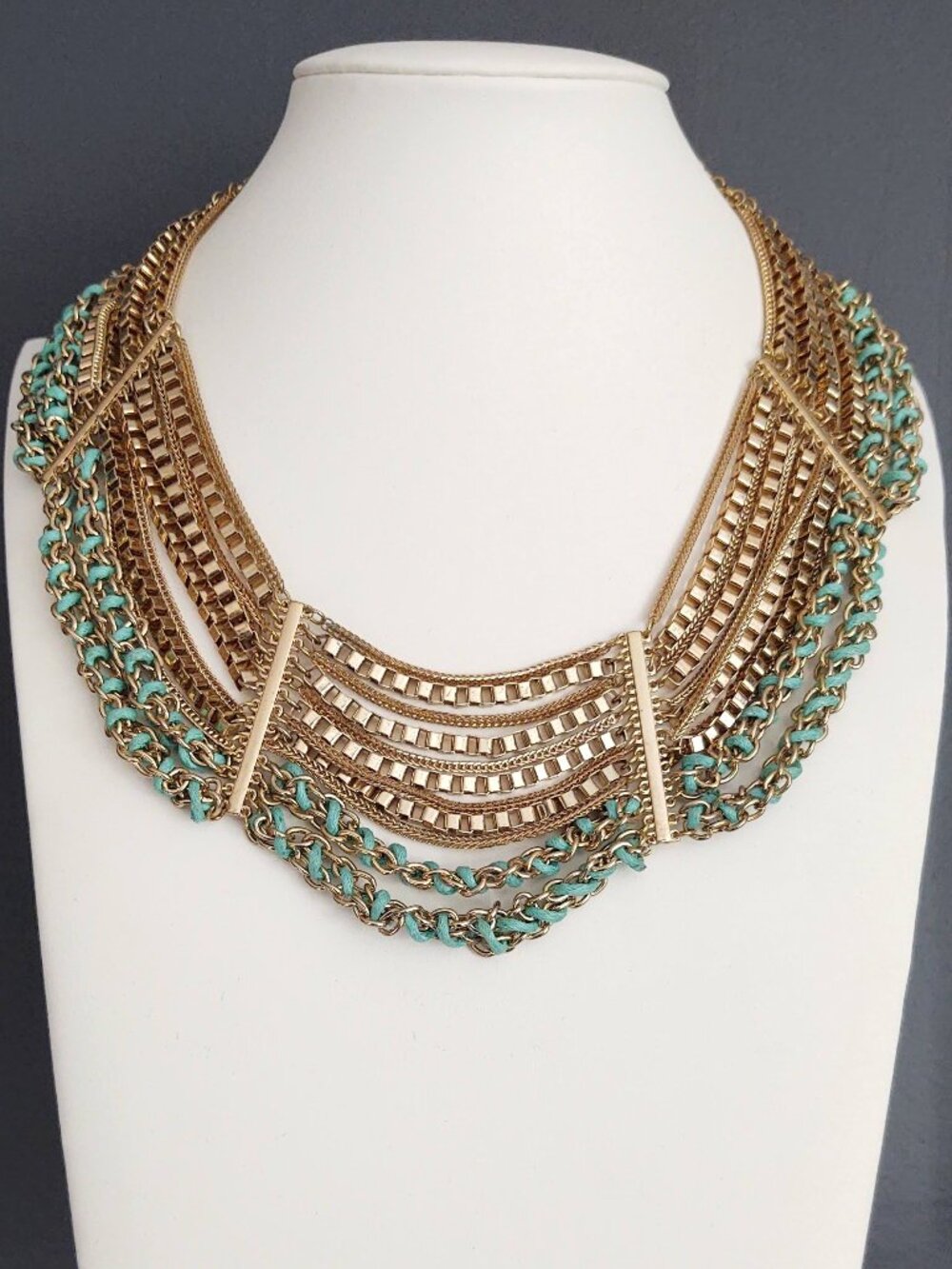 Multi chain and light teal cord statement necklace